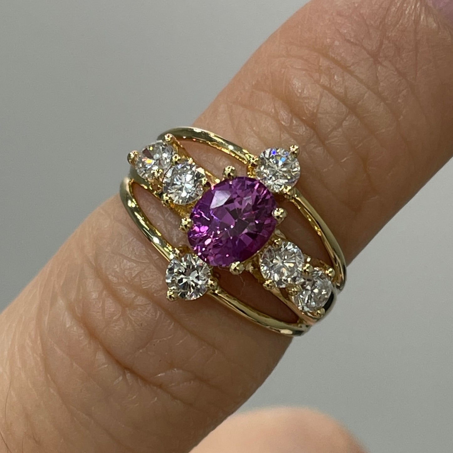 Lab purple sapphire oval 0.6ct with diamond round 0.45ct cross three row diamond pinky ring