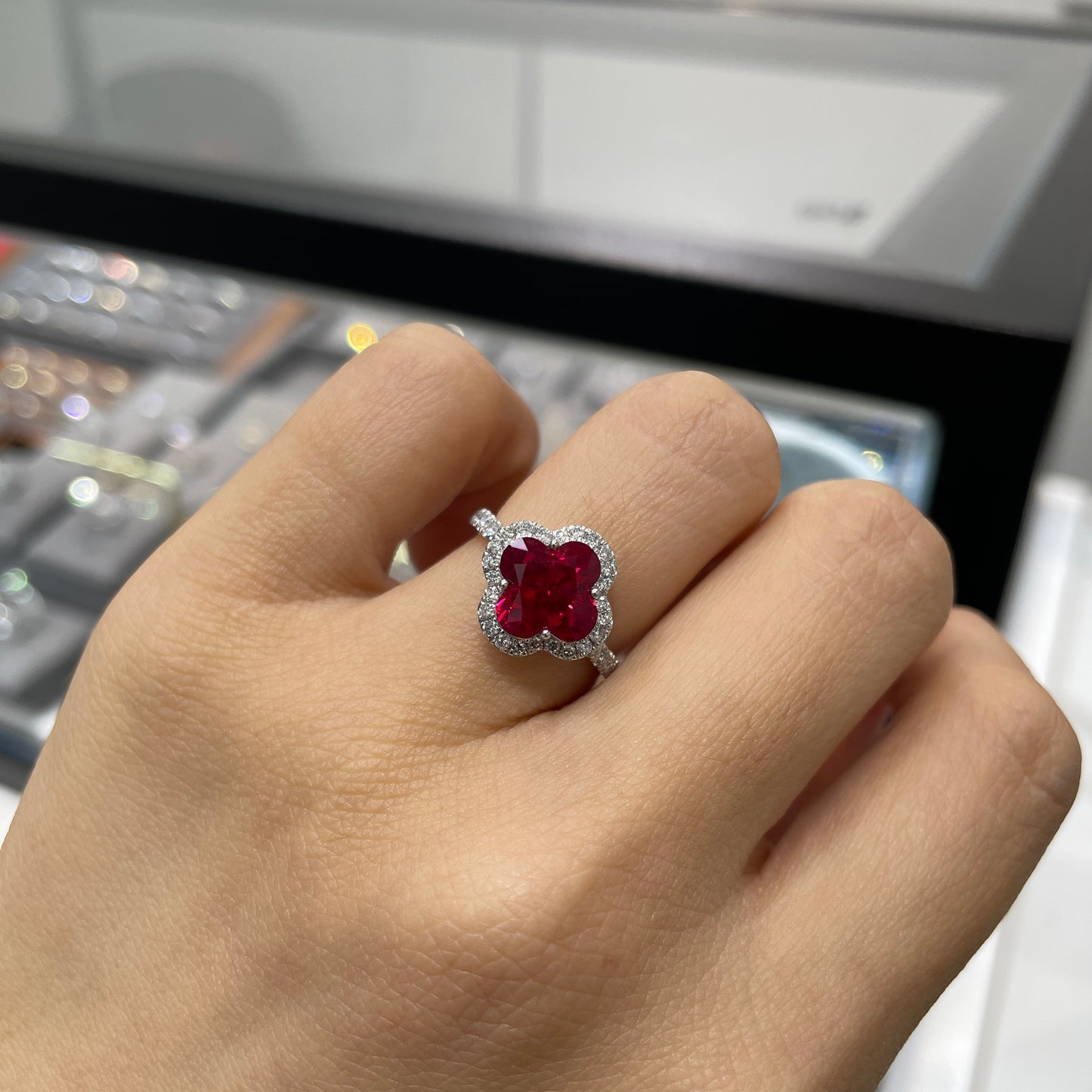 Lab Ruby flower cut 3ct two way halo pave ring