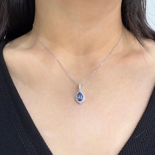 Lab grown sapphire cornflower Pear shape 1.5ct halo pendant
