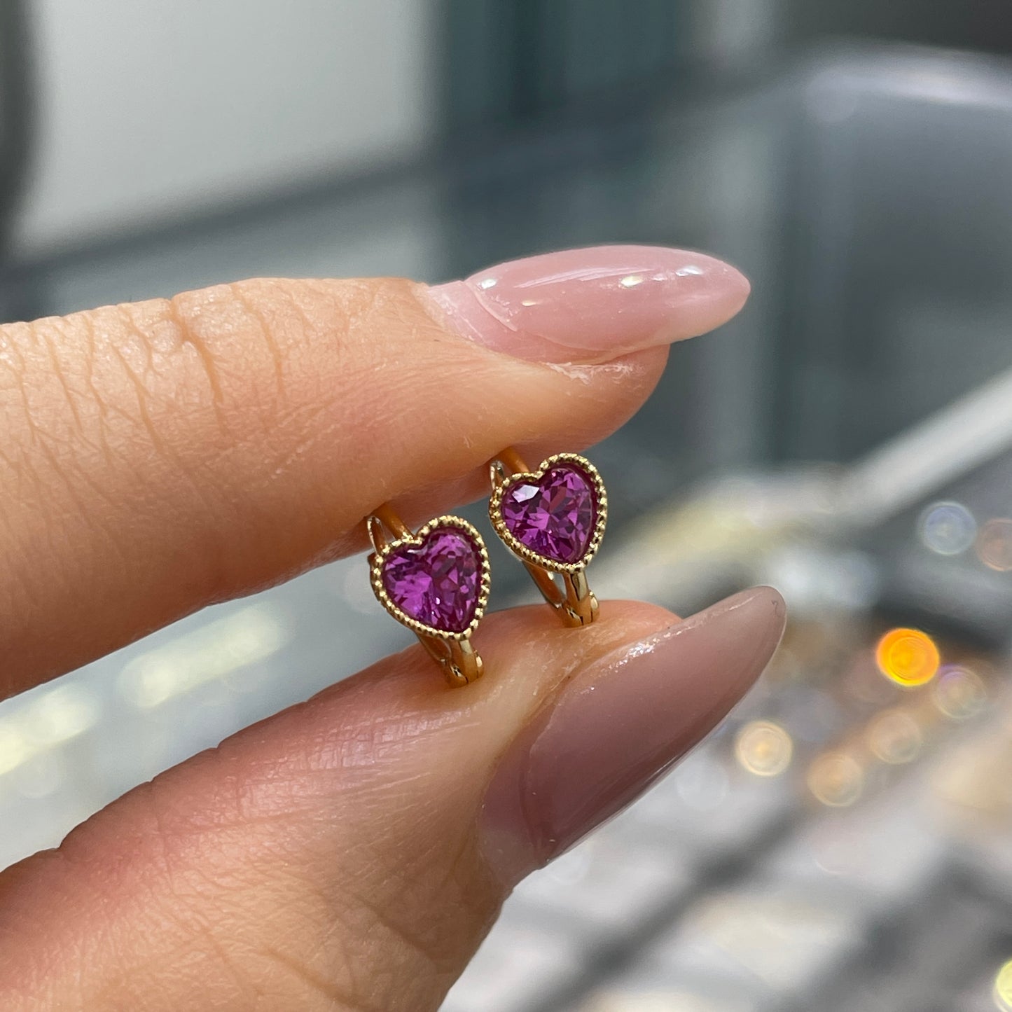 Lab Ruby heart 0.3ct milgrain bezel 6.5mm hoop earring -each