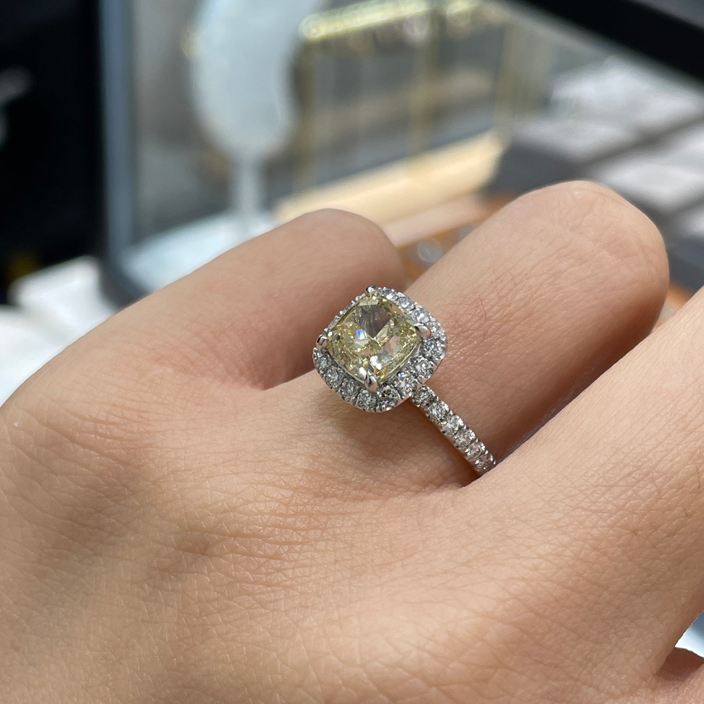 IGI Lab yellow diamond cushion cut 2ct classic halo ring