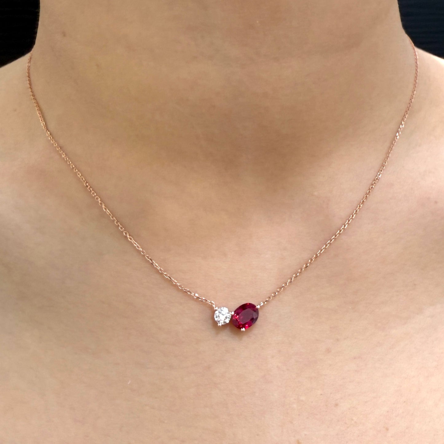 Lab ruby Oval shape 0.9ct with diamond round 0.2ct Toi et moi necklace