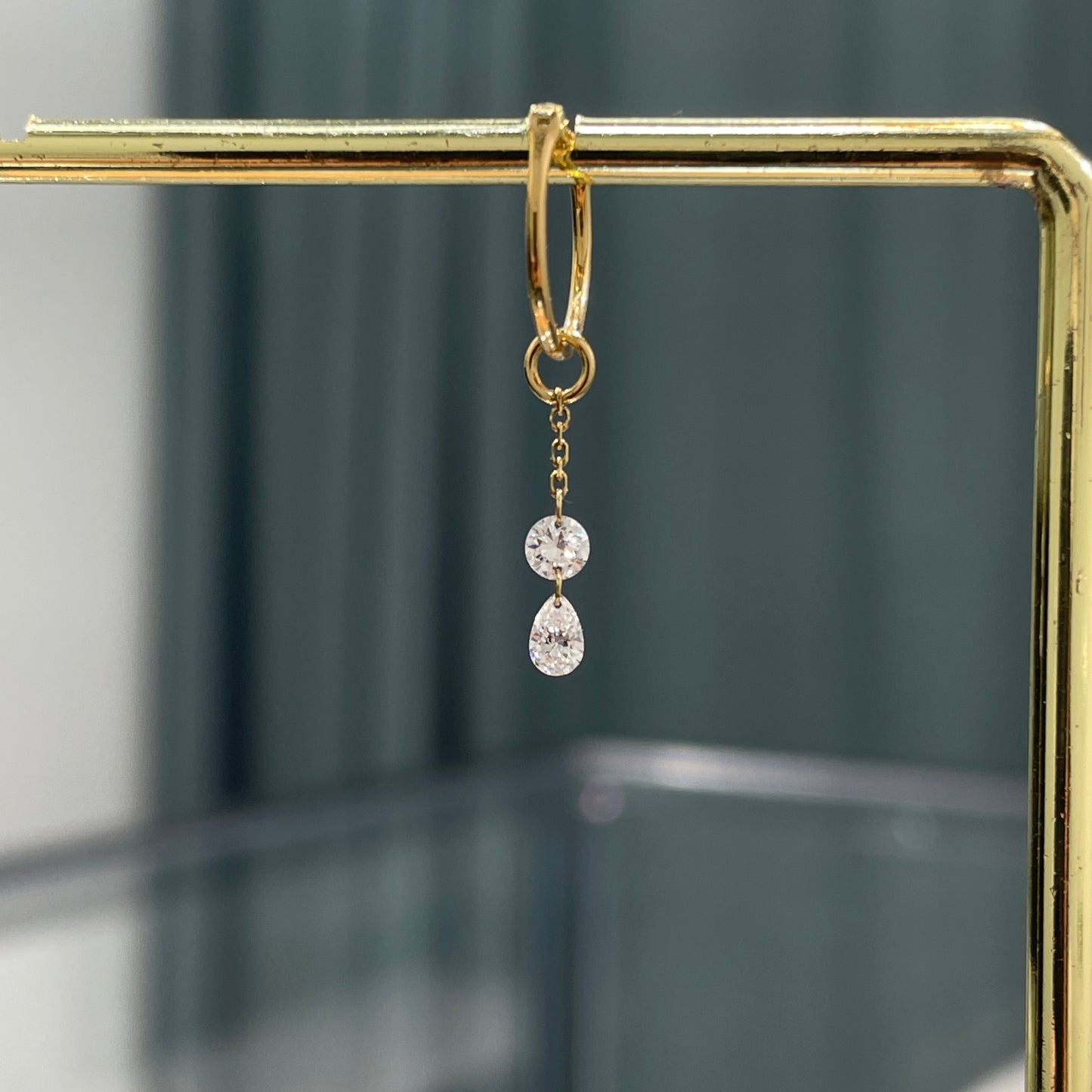 Lab diamond round and pear shape 0.2ct floating chain 10mm hoop earring-each
