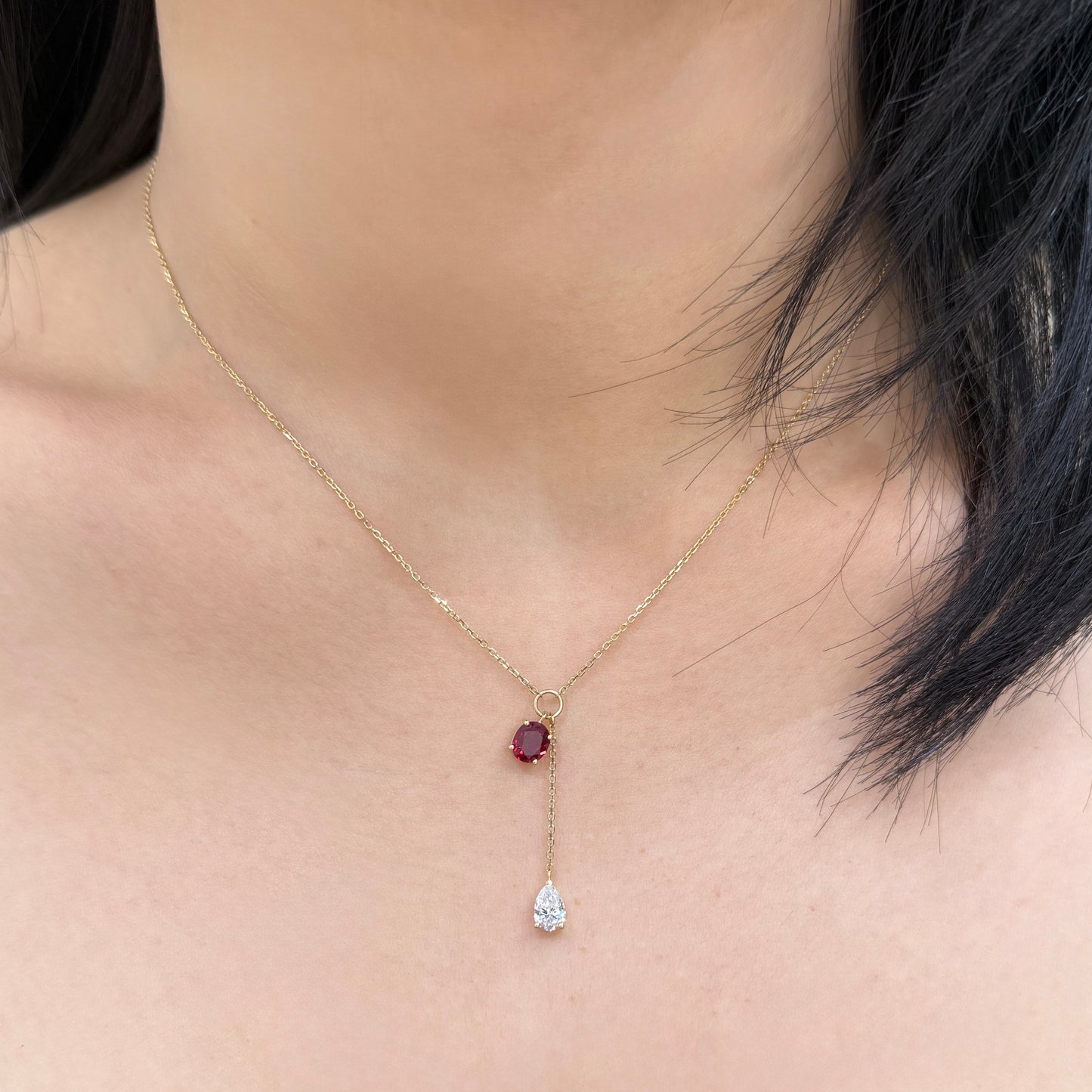 Lab Ruby Oval shape 0.8ct swing diamond pear shape 0.4ct two stone necklace