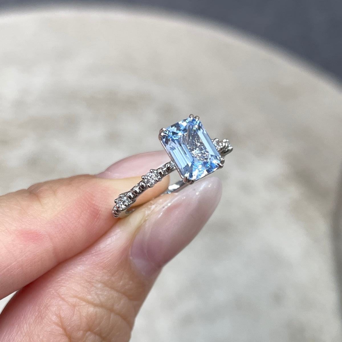 Lab Sapphire Aquamarine blue emerald cut 1.5ct  four-double prong milgrain side stone band ring