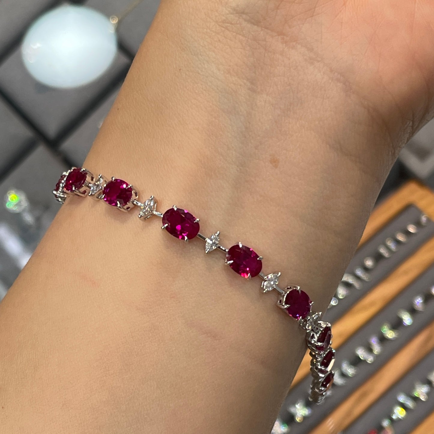 Lab pinkish ruby oval and diamond marquise shape 9.5ct tennis bracelet