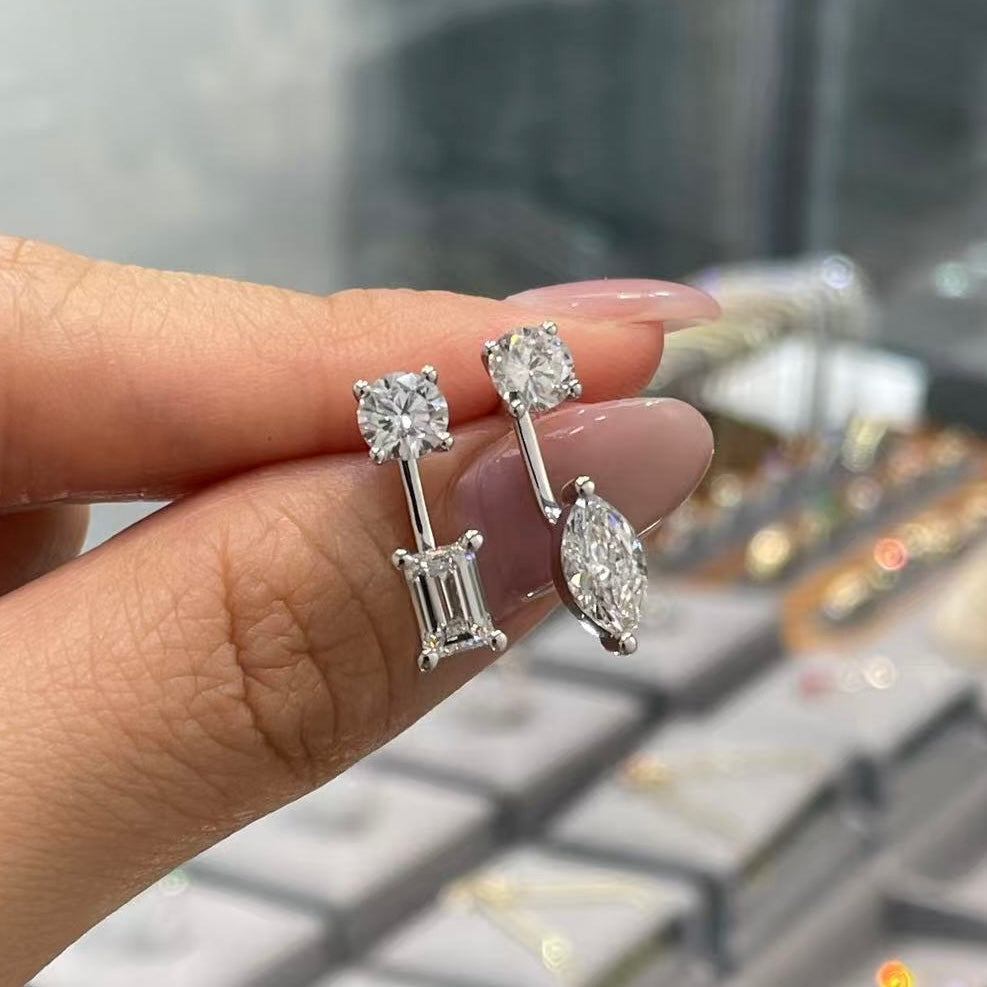 Lab diamond round & marquise & emerald L jacket 2.4ct earrings-pair