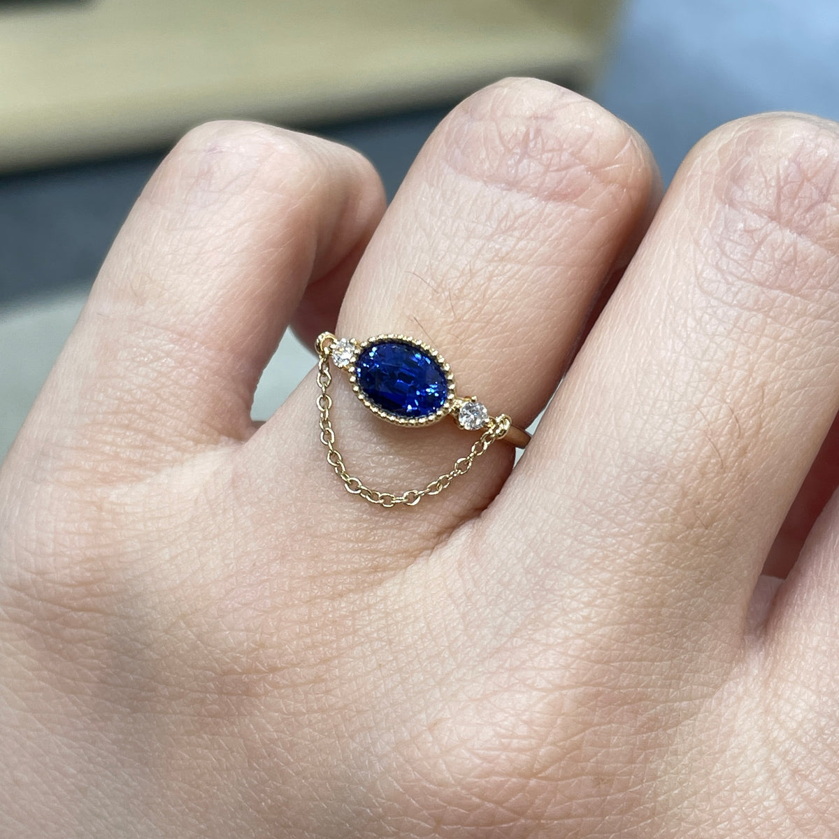 Lab sapphire royal Blue oval shape 1.1ct with diamond milgrain bezel chain ring