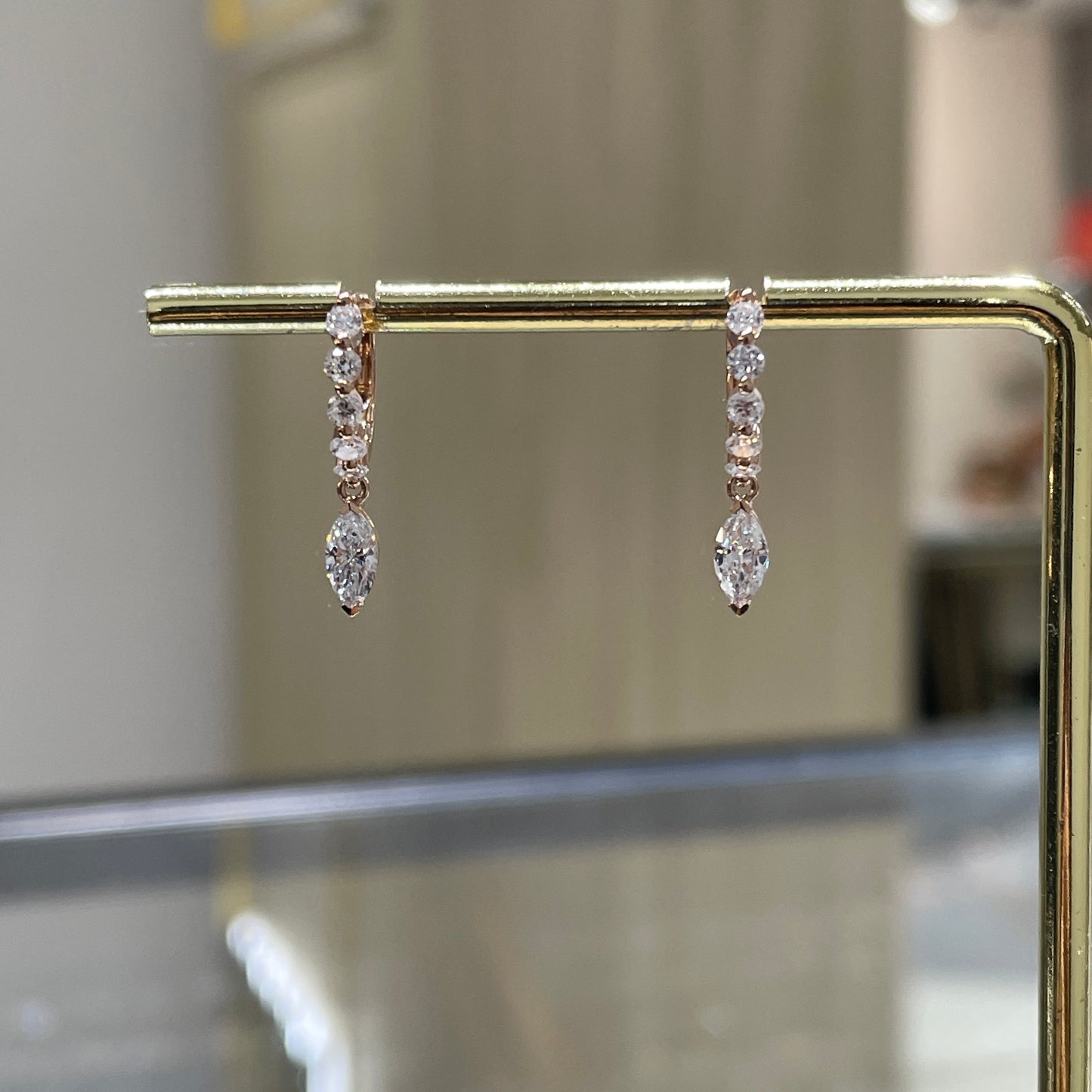 Lab diamond Marquaie and round 0.75ct single prong drop 8mm hoop earrings-pair