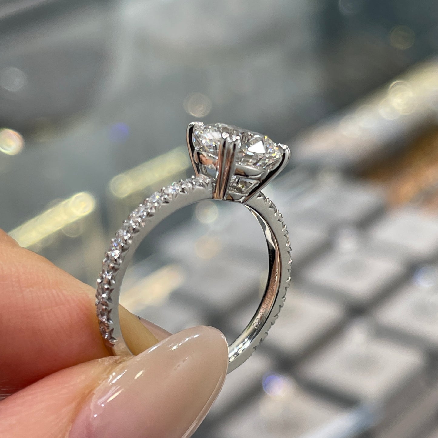 Lab diamond Round 2.3ct four double prong pave ring