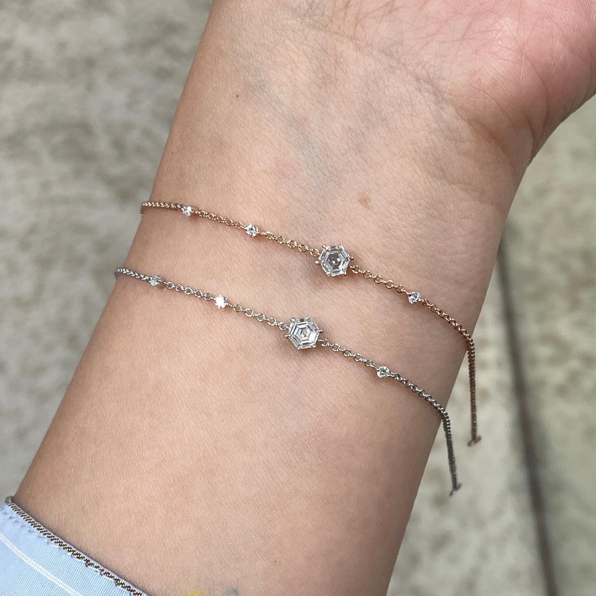 Lab diamond Hexagon and round 0.42ct four-prong little diamonds thick chain bracelet