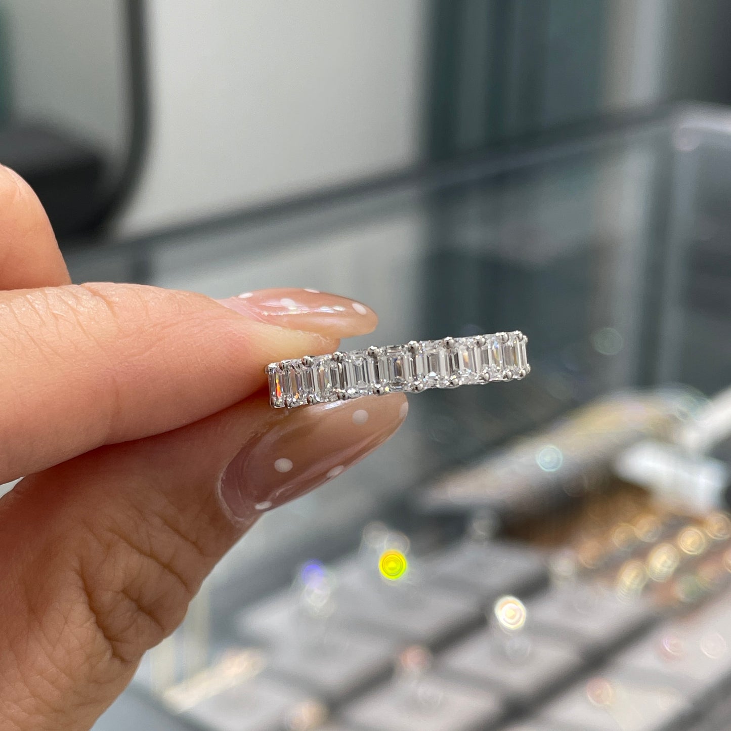 Lab diamond oval & emerald cut half half 3ct full eternity ring