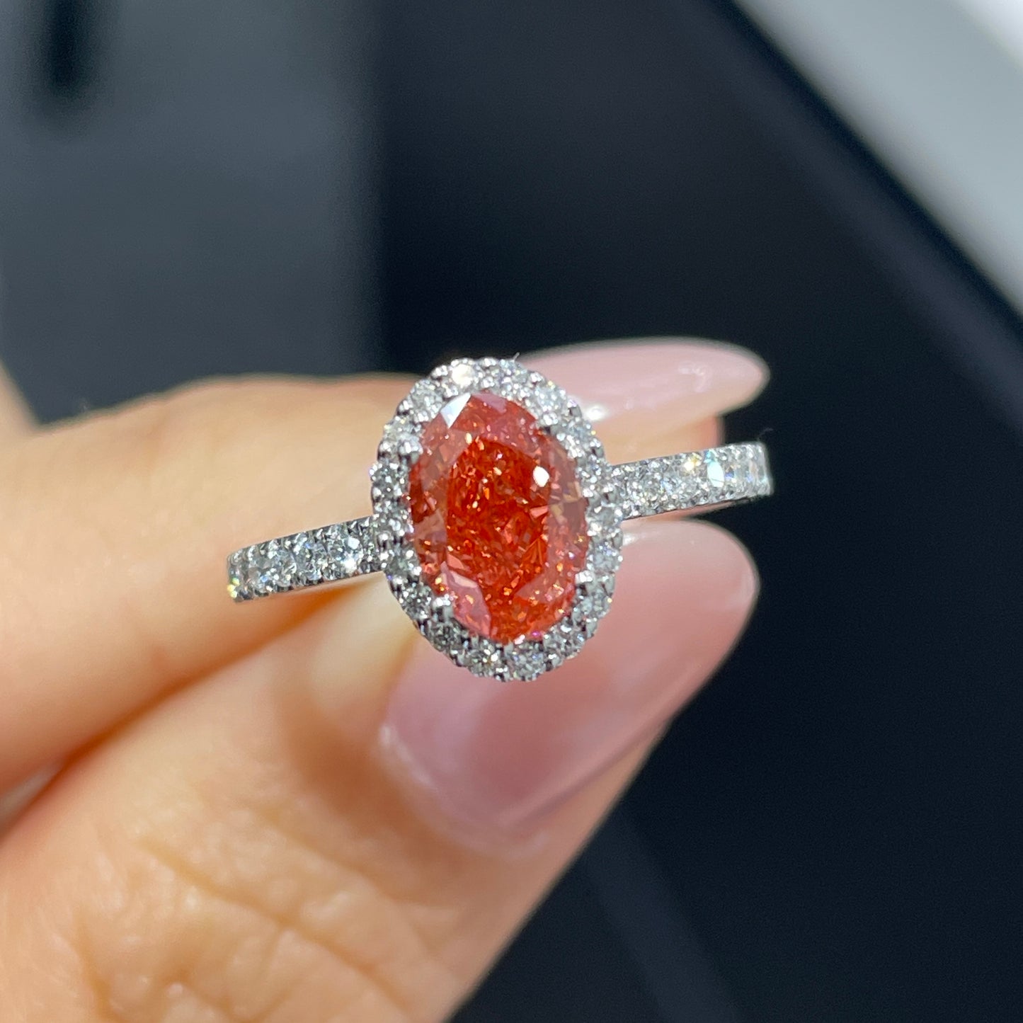 IGI pink diamond Oval shape 1ct two way halo pave ring