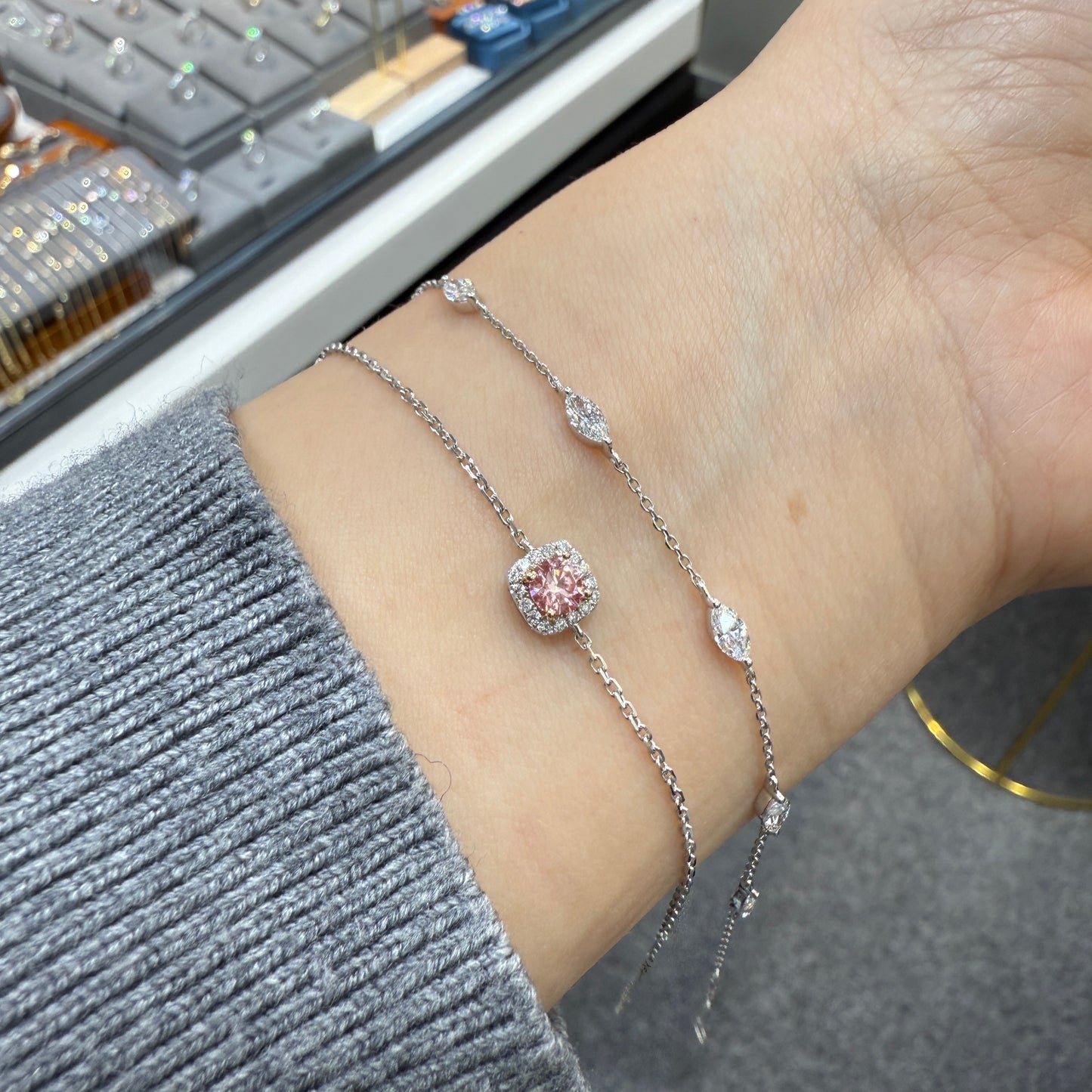 Lab pink diamond round 0.25ct halo bracelet