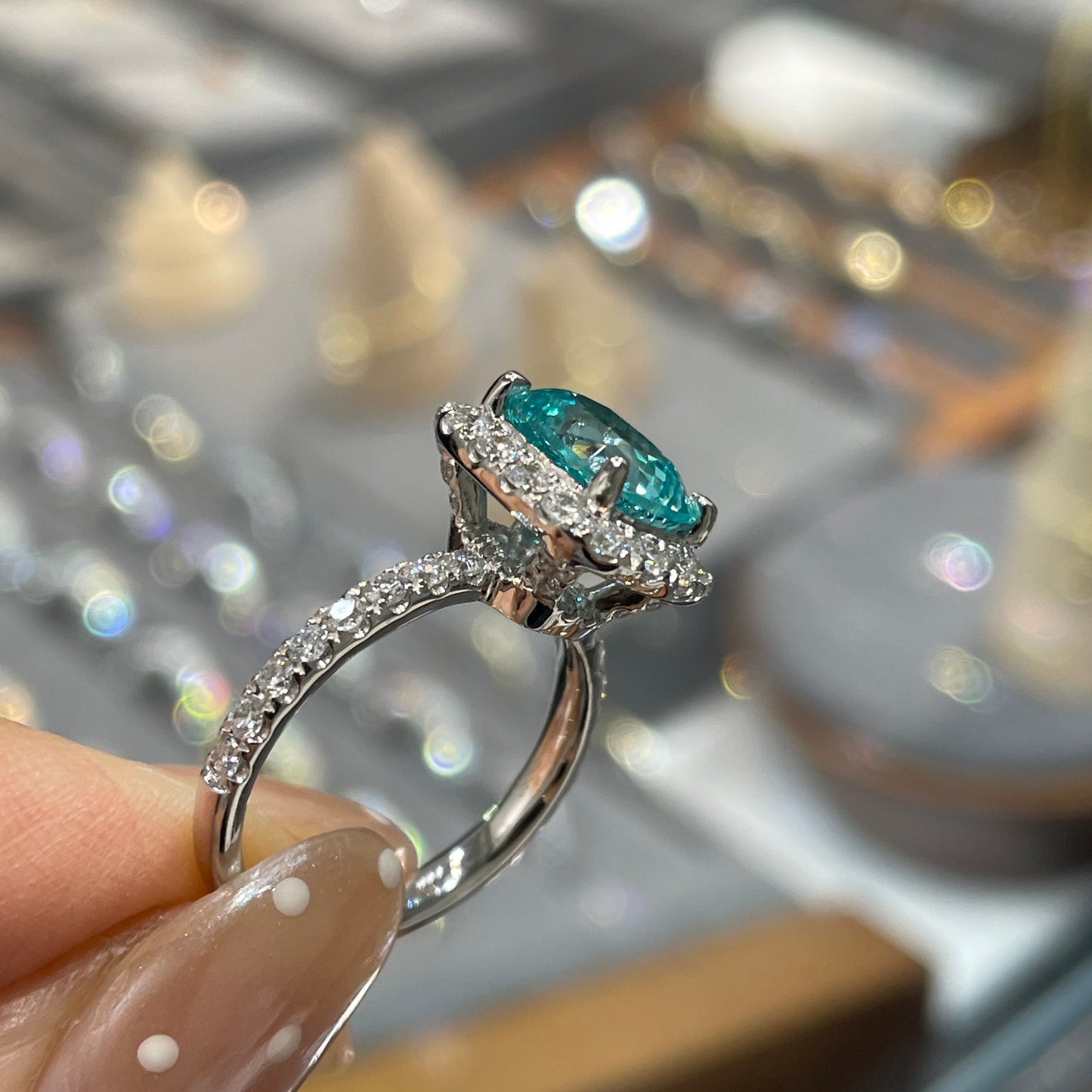 Lab Sapphire paraiba color cushion cut 3.4ct classic halo ring