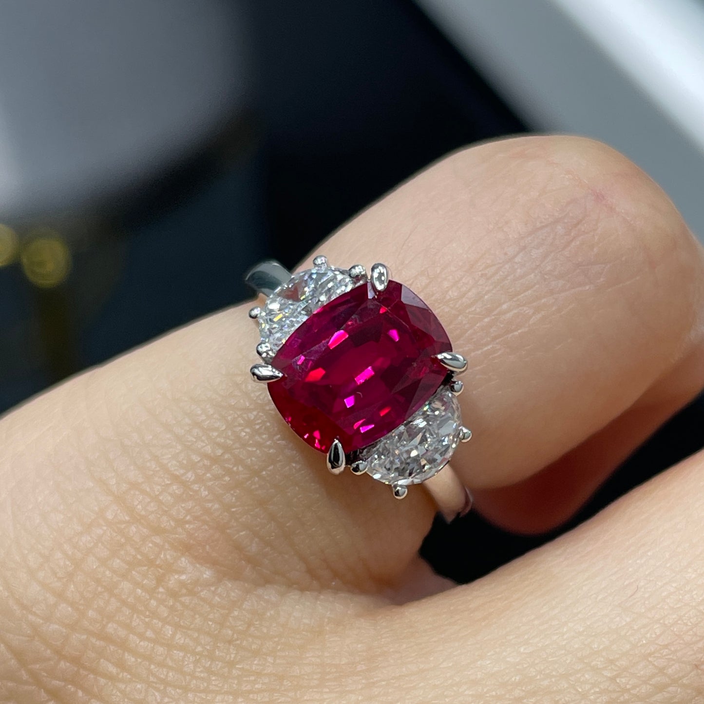 Lab pinkish rudy elongated cushion cut 2.5ct with diamond half moon 0.5ct three stone setting ring