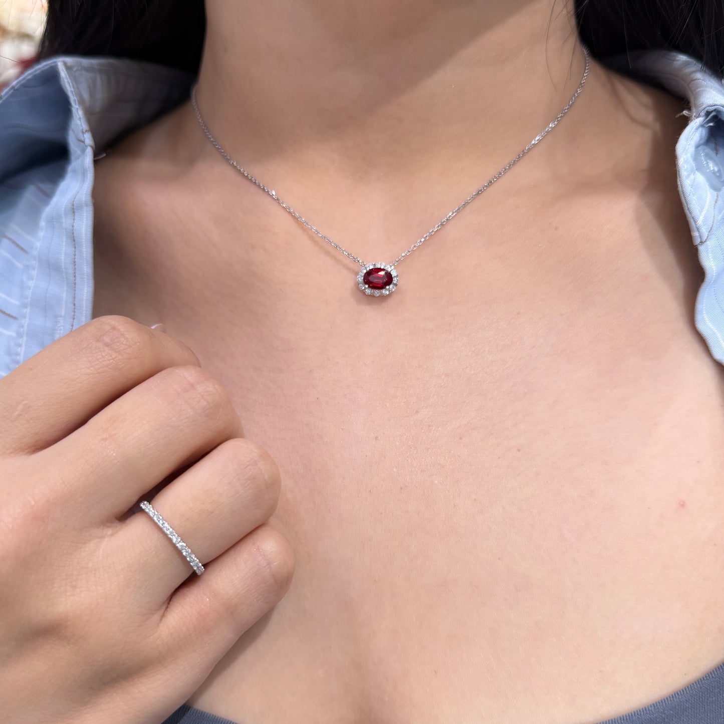 Lab Ruby Oval shape 1.5ct two way halo pave ring