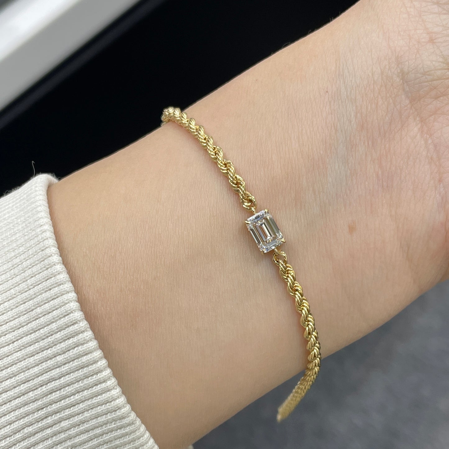 Lab diamond Emerald cut 1ct twist rope chain bracelet