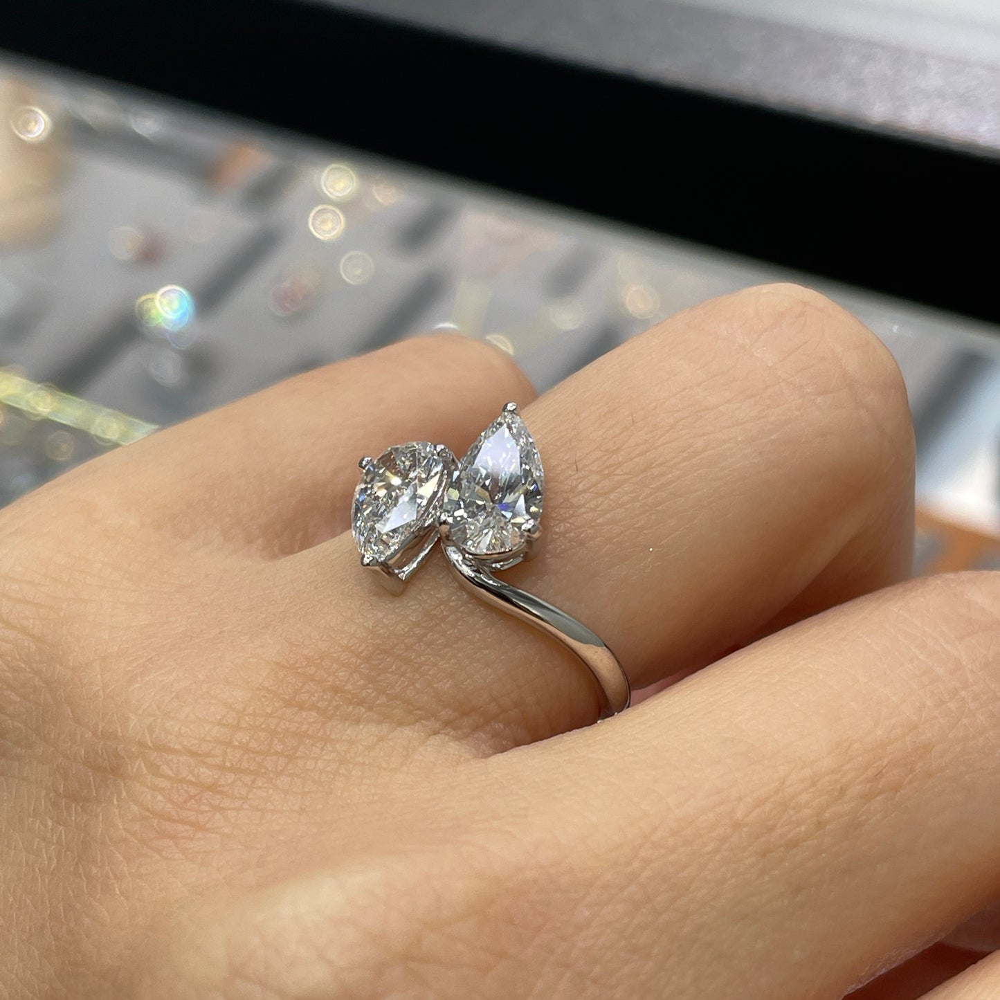 Lab diamond pear shape 2ct duo wavy ring