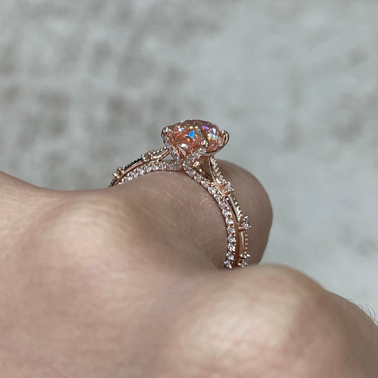 IGI Lab pink diamond oval shape 2ct milgrain under paved ring