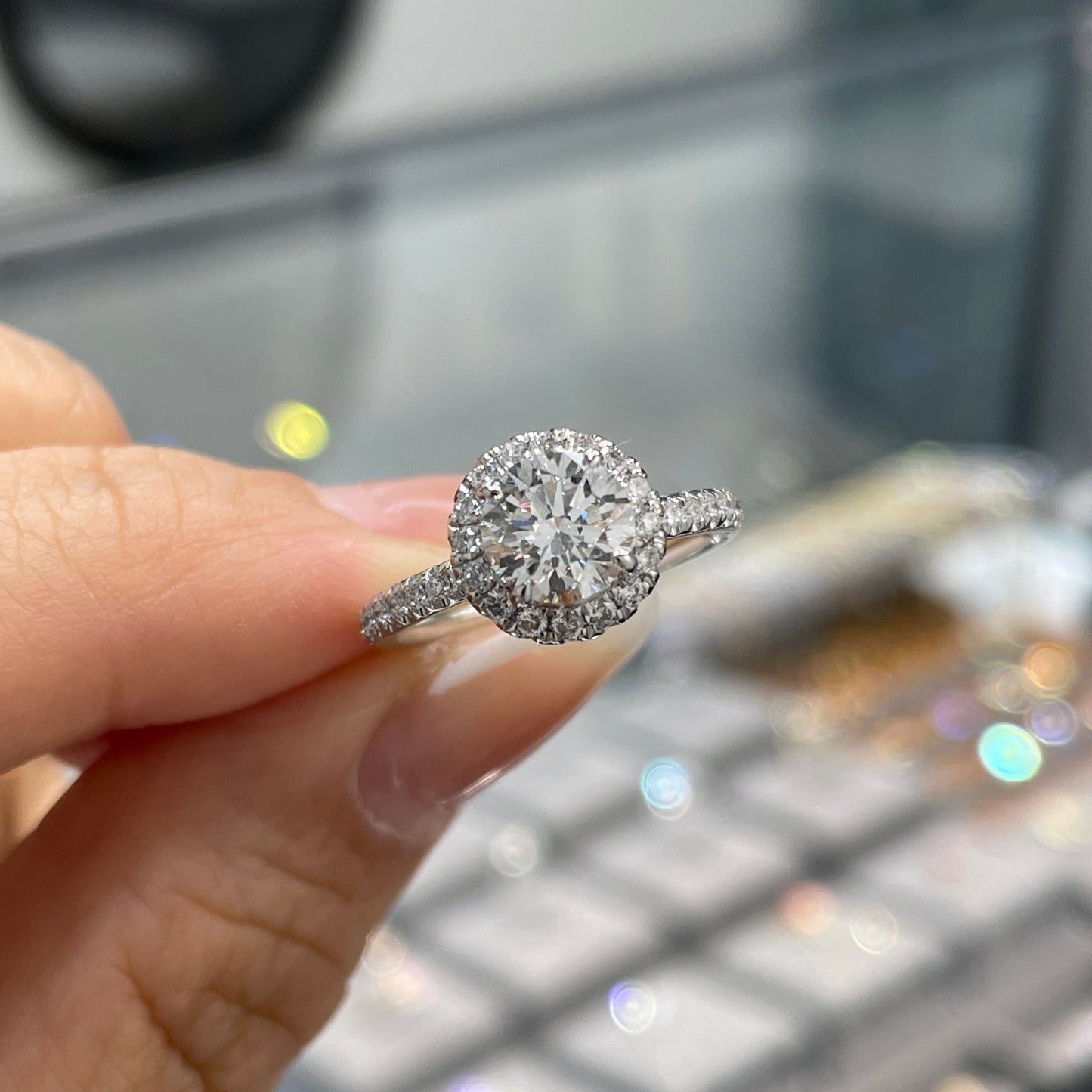 IGI lab diamond round 1ct halo with underpaved pave band ring