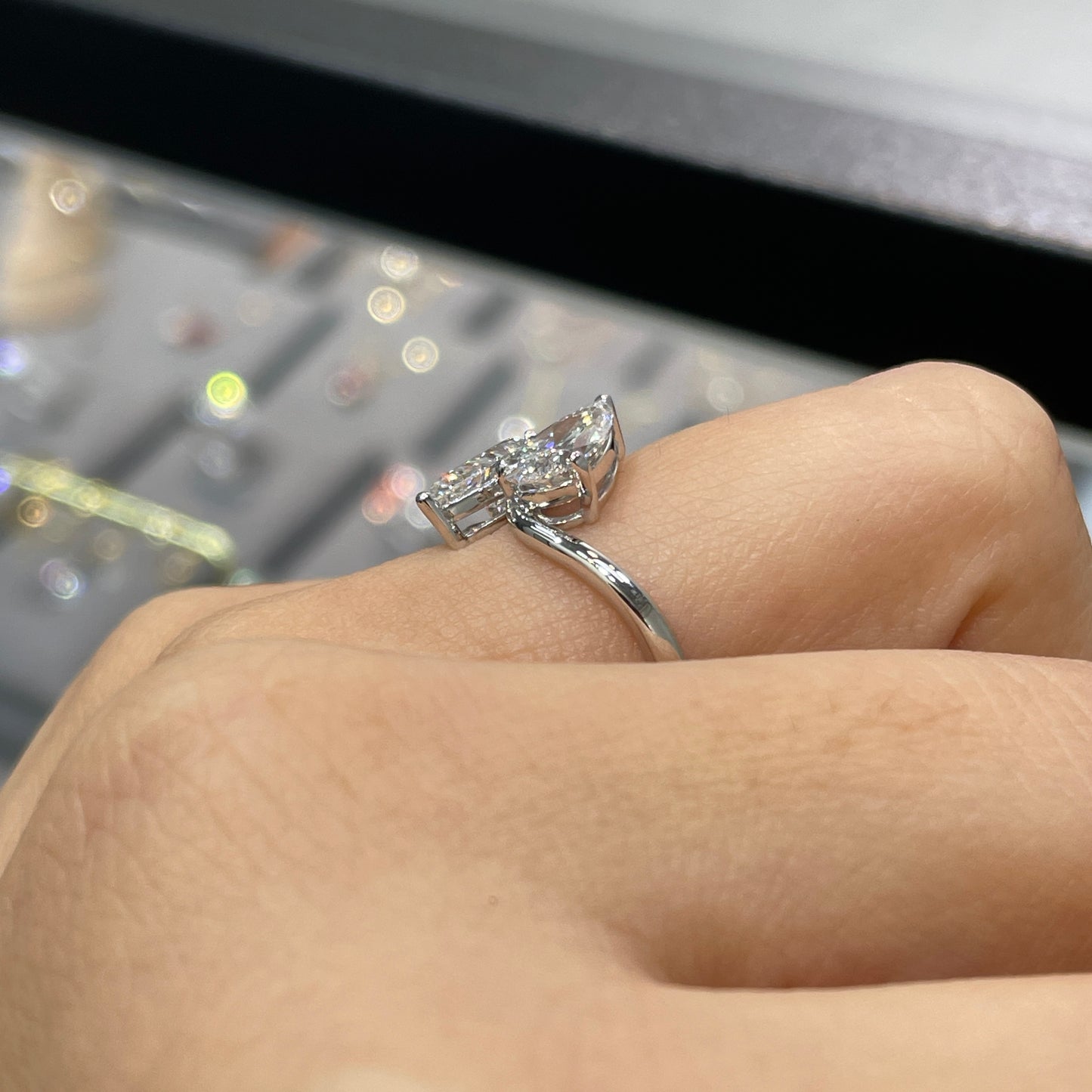 Lab diamond pear shape 2ct duo wavy ring