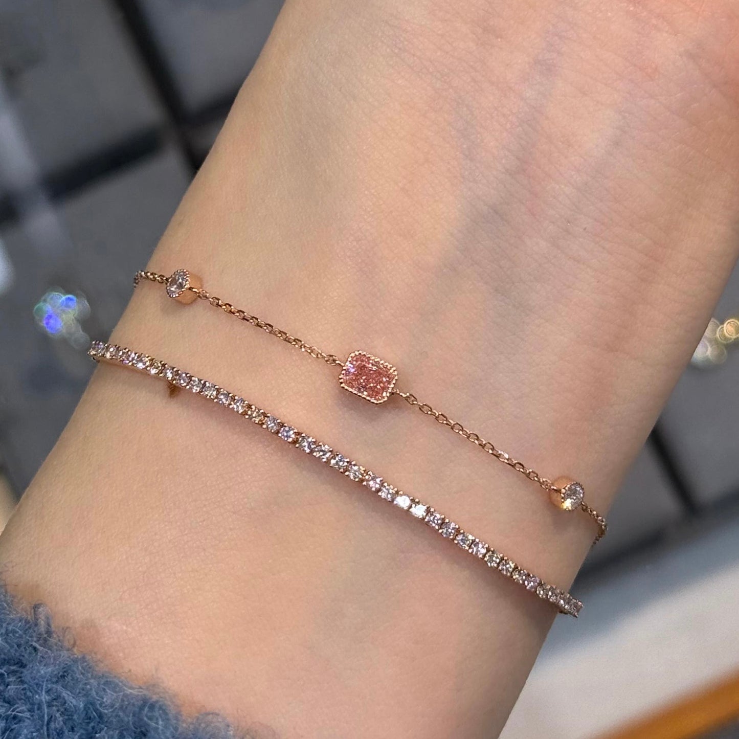 Lab pink diamond radiant cut 0.35ct milgrain bezel with little diamond bracelet