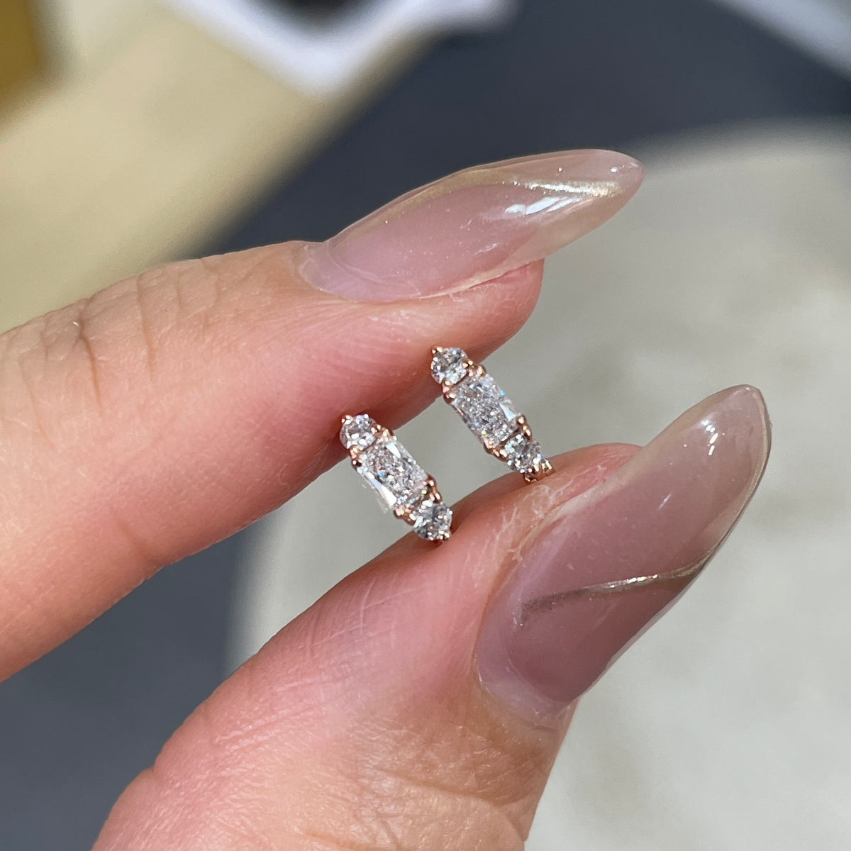 Lab diamond radiant and round 0.15ct three stone 6mm thin hoop earring - each