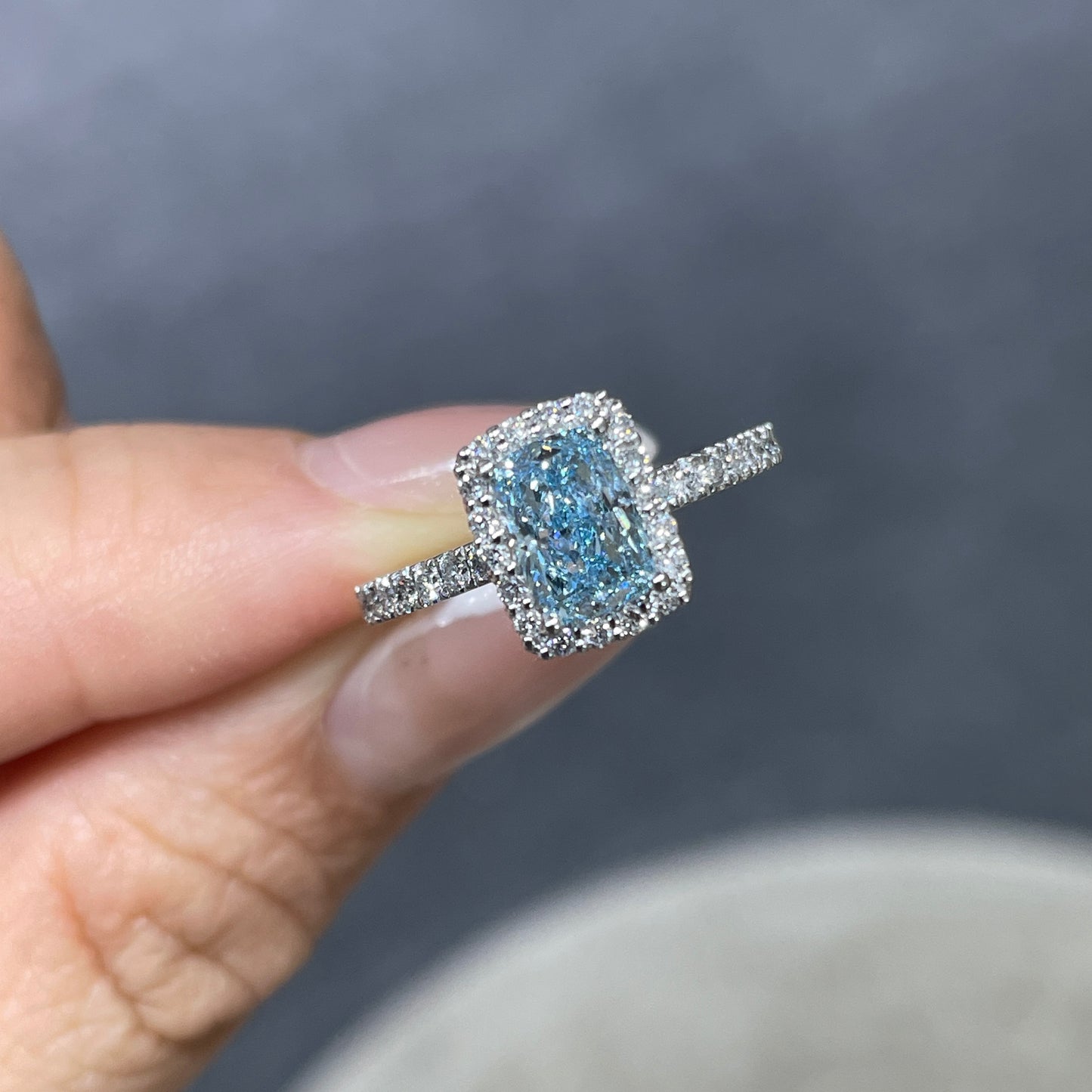 IGI lab blue diamond long cushion cut 1ct halo two-way pave ring