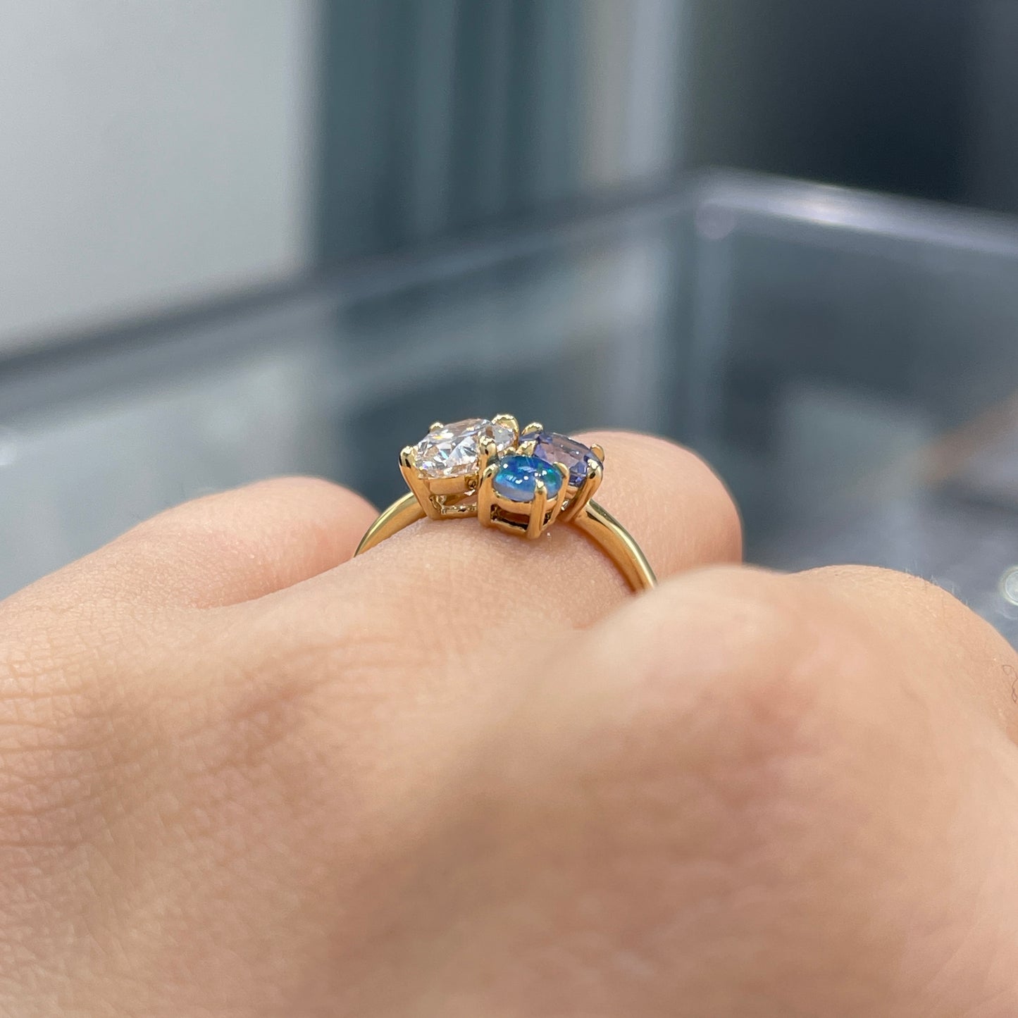 Lab diamond Oval shape with sapphire and natural opal round 1.95ct three stone ring