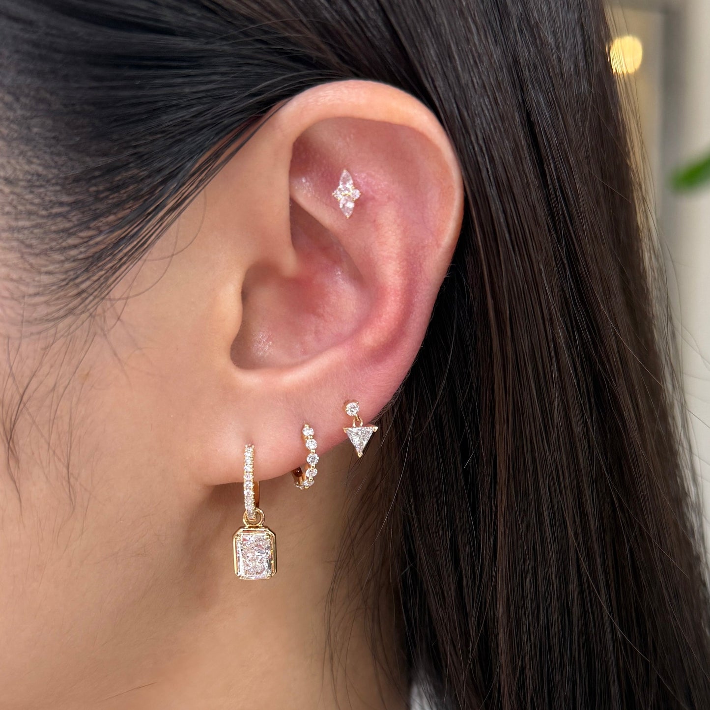 Lab diamond round and triangle cut 0.23ct stud swing earring-each