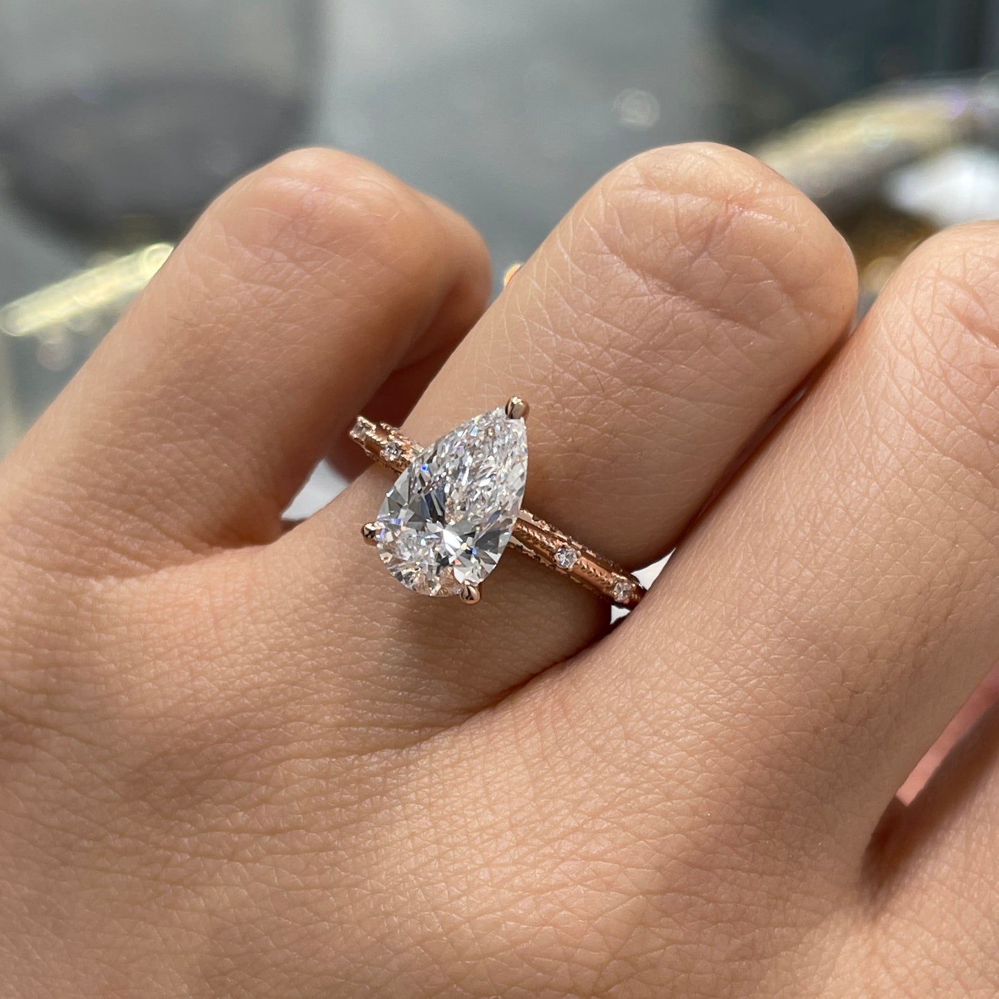 IGI Lab diamond Pear 2ct milgrain under paved ring