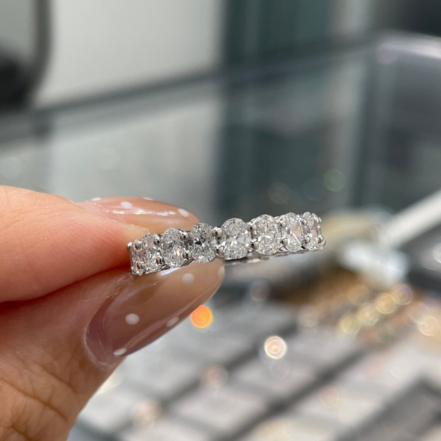Lab diamond oval & emerald cut half half 3ct full eternity ring