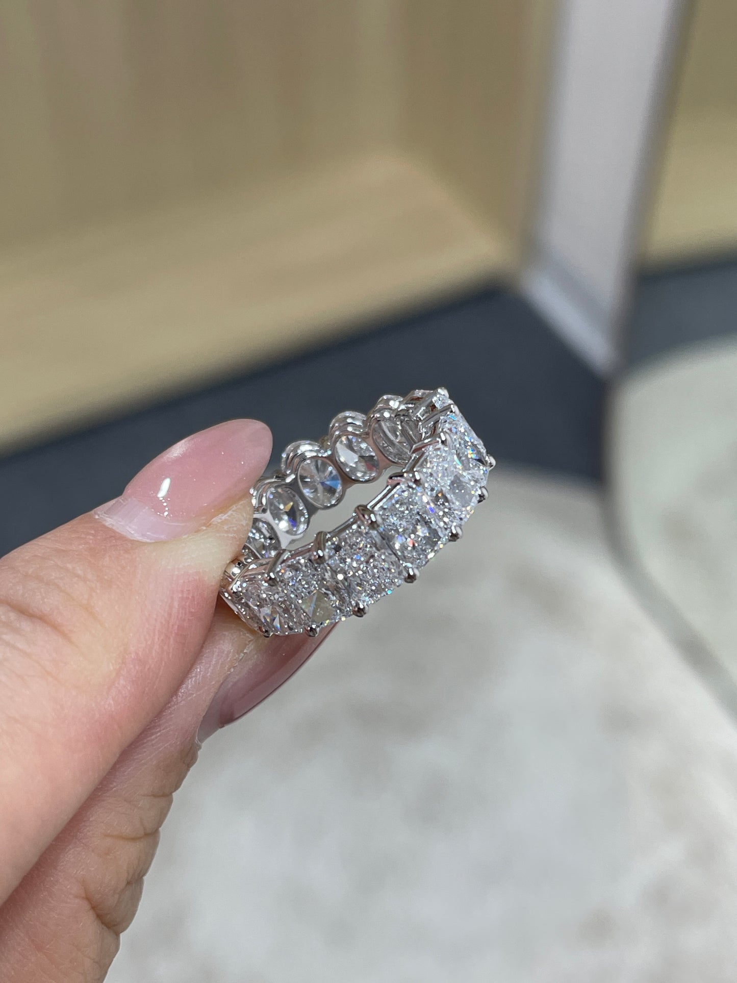 Lab diamond oval & emerald cut half half 7.5ct full eternity ring