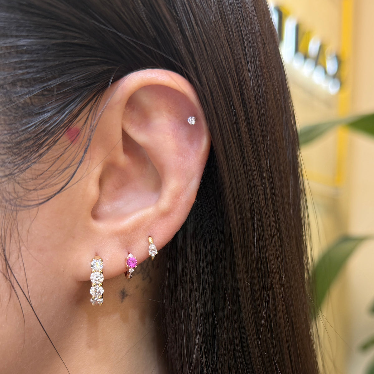 Lab pink sapphire round 0.14ct with lab diamond 6mm hoop earring-each
