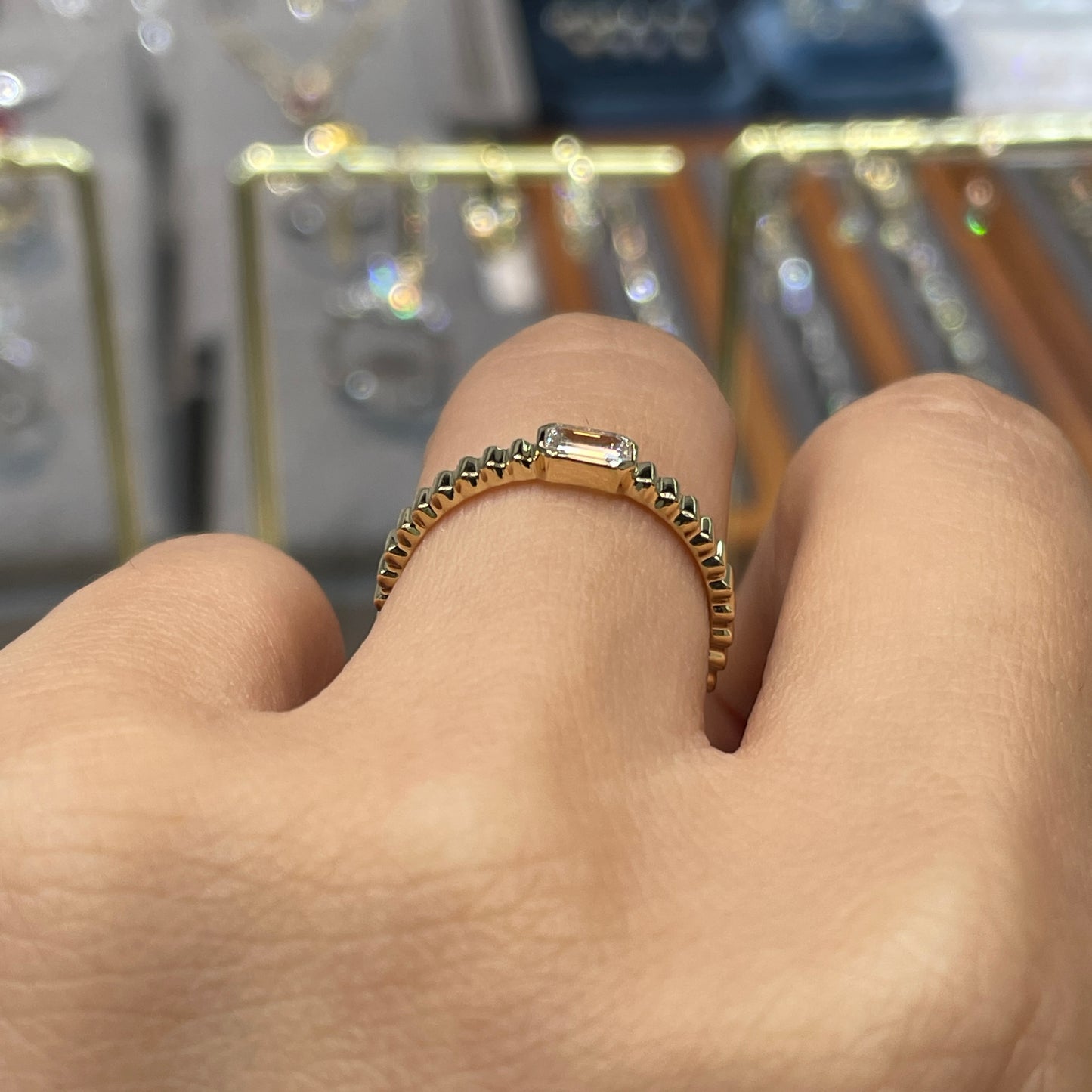 Lab diamond Emerald cut 0.3ct horizontal bezel set with vertical line band ring