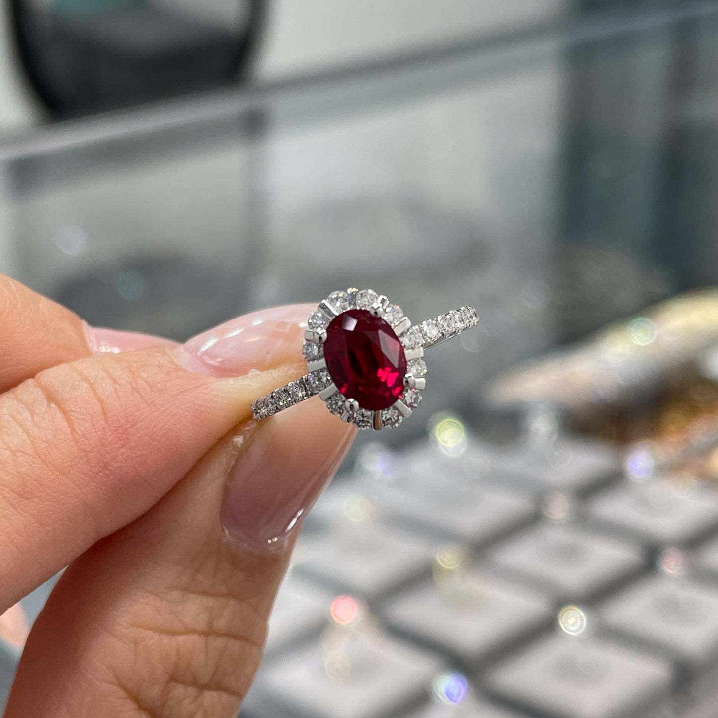 Lab Ruby Oval shape 1.5ct two way halo pave ring