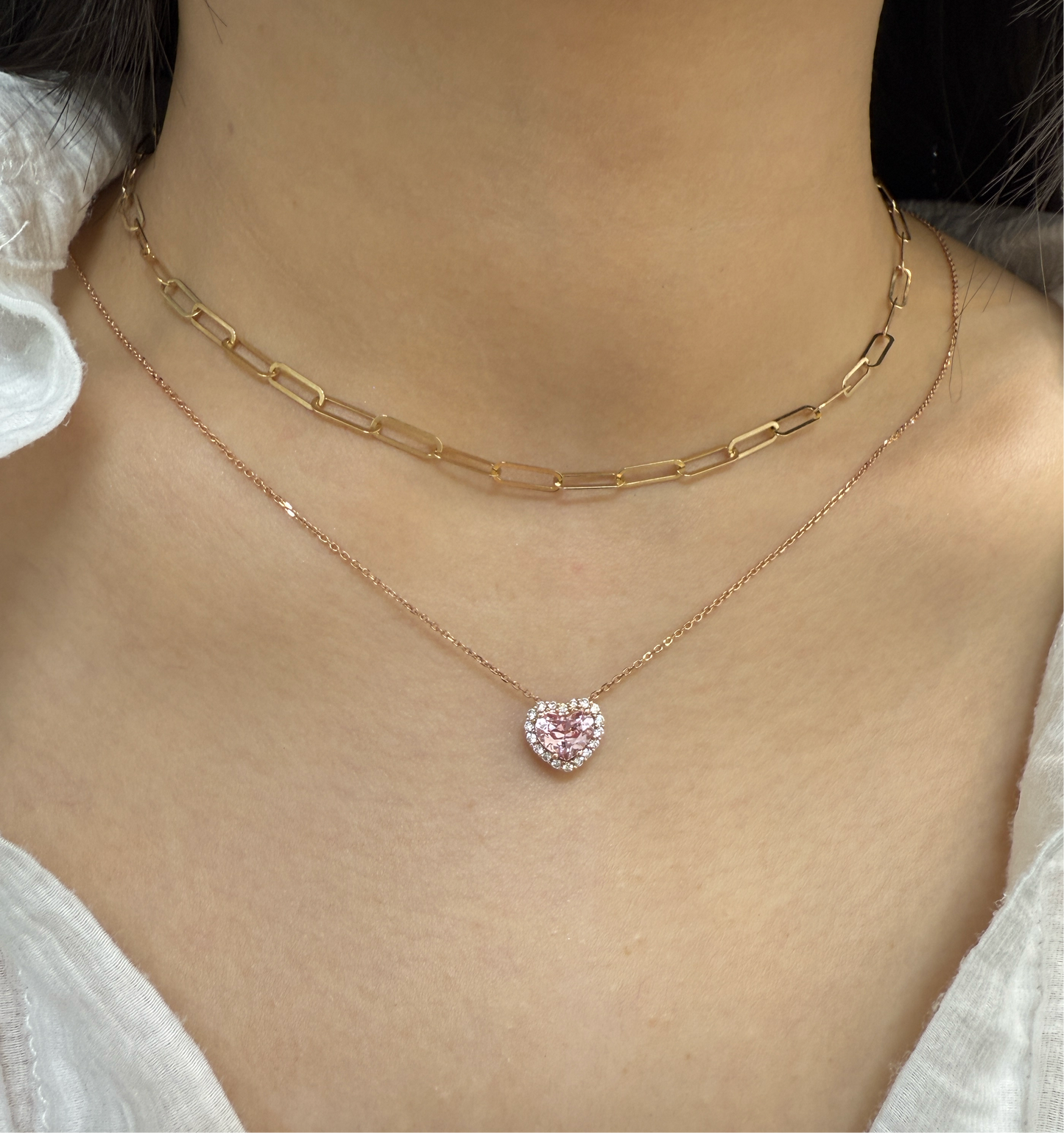 Lab Pink sapphire heart 1.4ct  halo pendant necklace