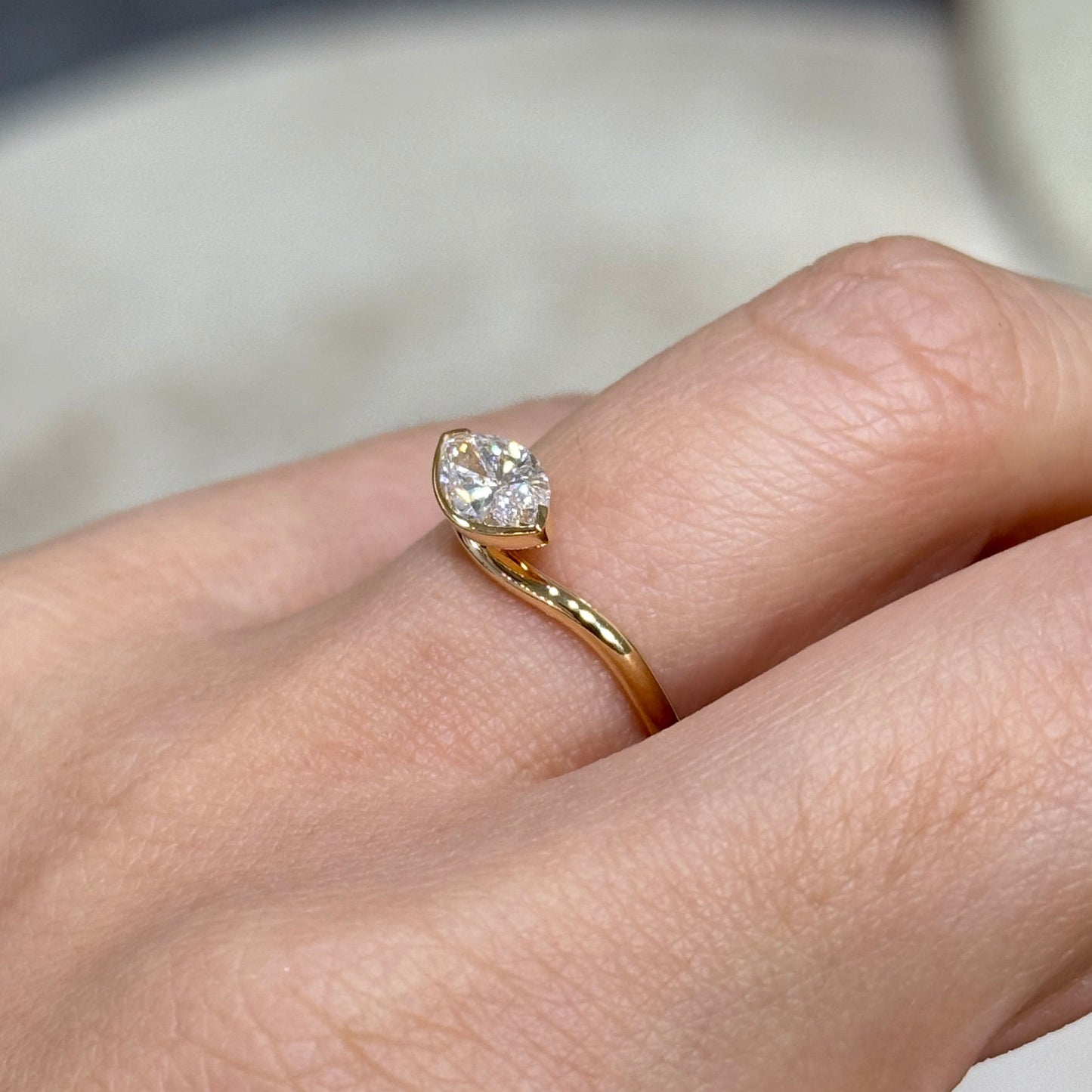 Lab diamond Marquise shape 0.7ct half bezel wavy ring