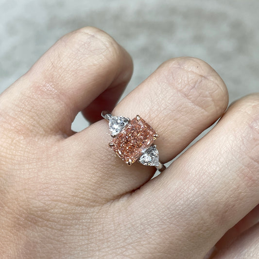 IGI pink diamond radiant 2ct with heart 0.5ct three stone setting two tone ring