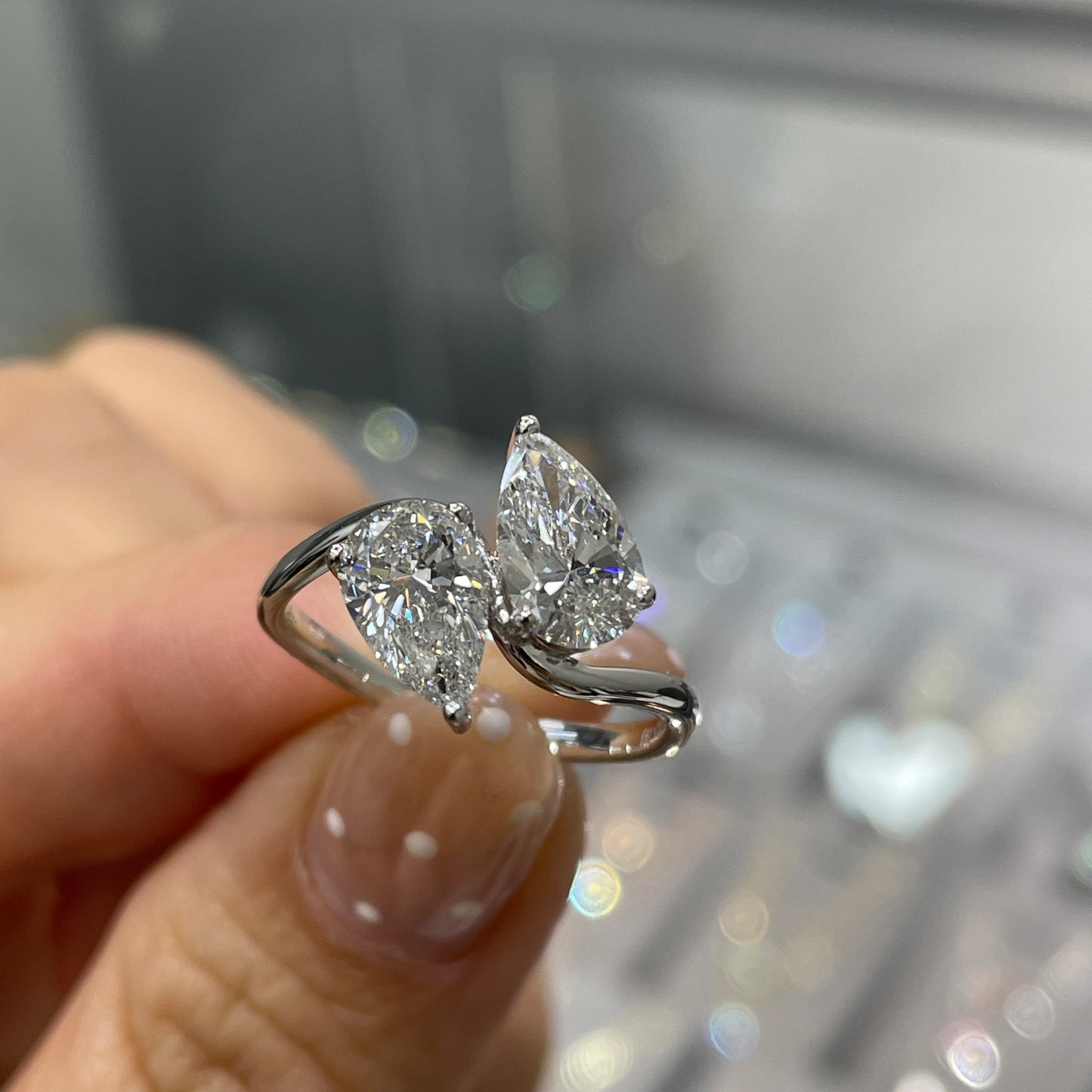 Lab diamond pear shape 2ct duo wavy ring