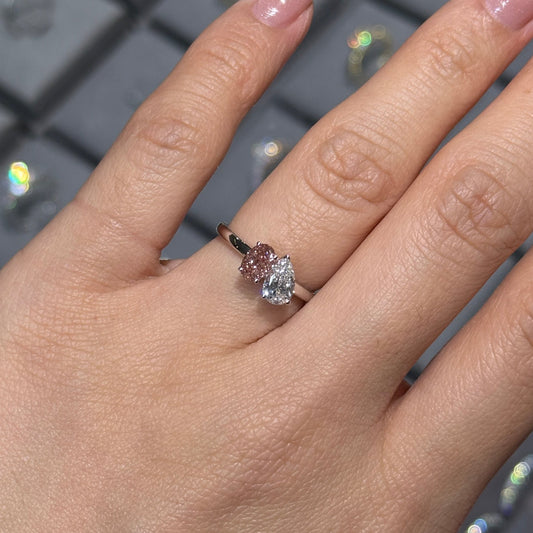 IGI lab pink diamond oval 0.6ct and diamond Pear 0.5ct toi et moi ring