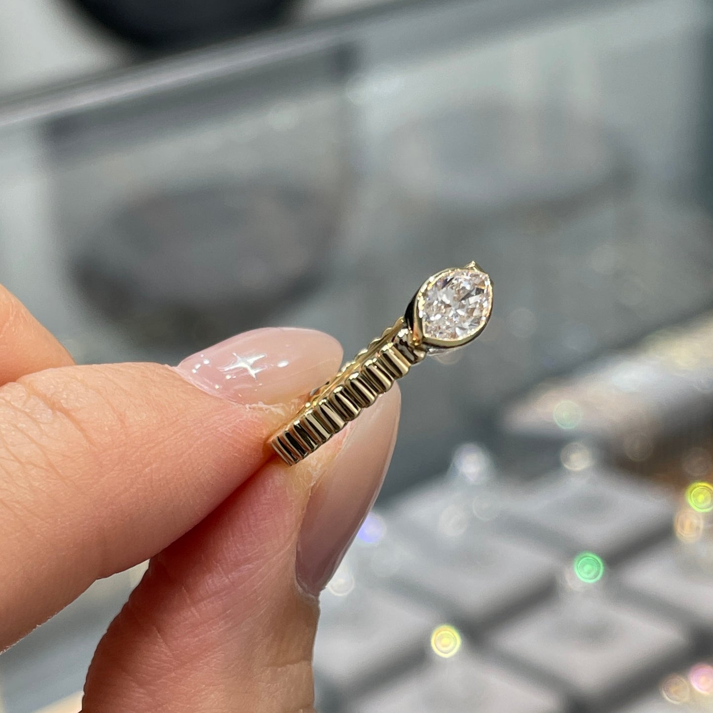 Lab diamond marquise 0.5ct horizontal bezel set with vertical line band ring