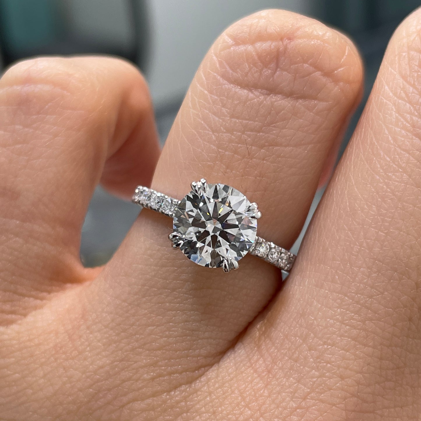 Lab diamond Round 2.3ct four double prong pave ring