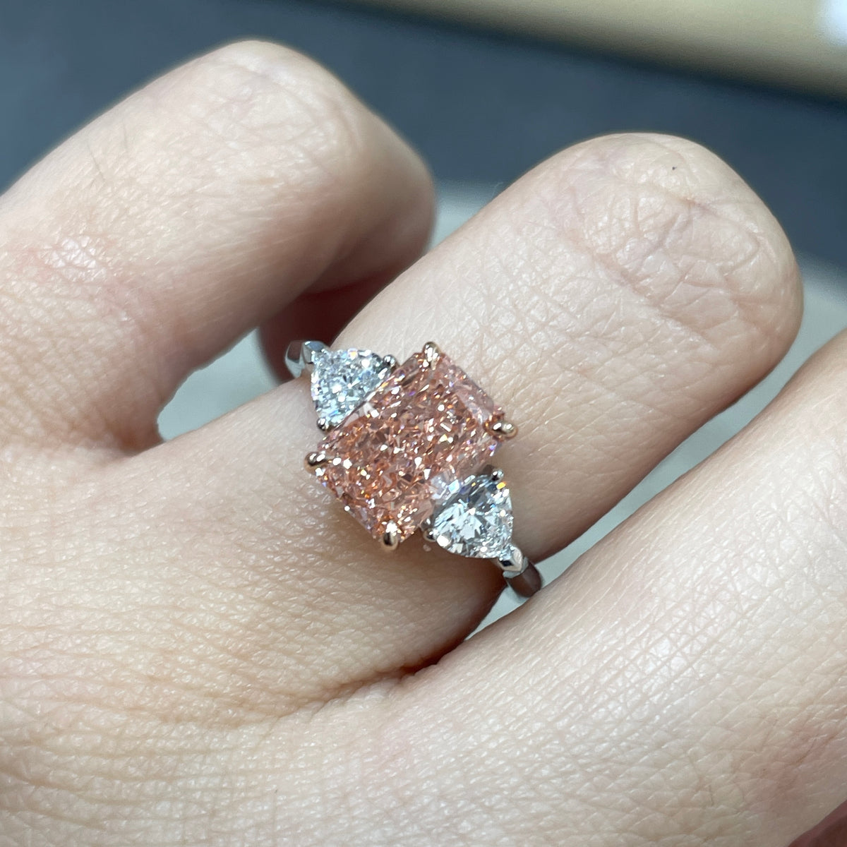IGI pink diamond radiant 2ct with heart 0.5ct three stone setting two tone ring