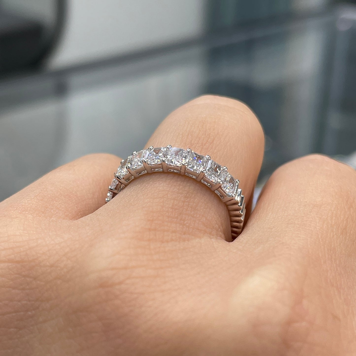 Lab diamond Radiant cut 1.35ct half eternity straight vertical line band ring