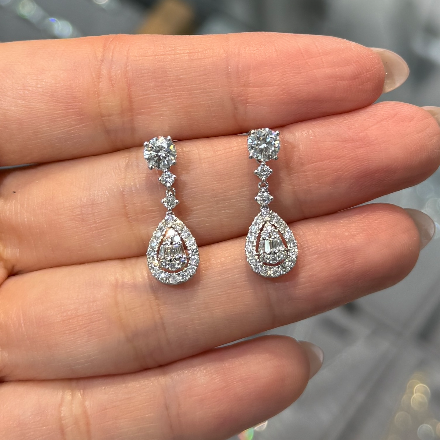 Lab diamond round and pear removable drop earrings-pair