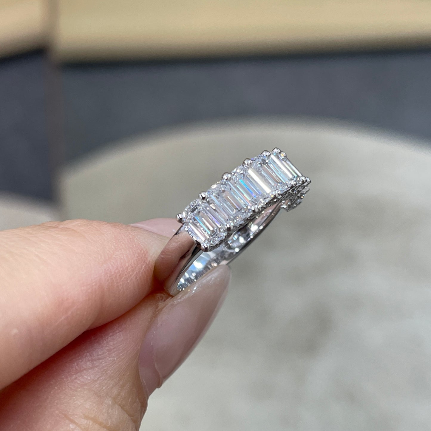 9k Lab diamond emerald cut 2.4ct U-prong pave eternity ring