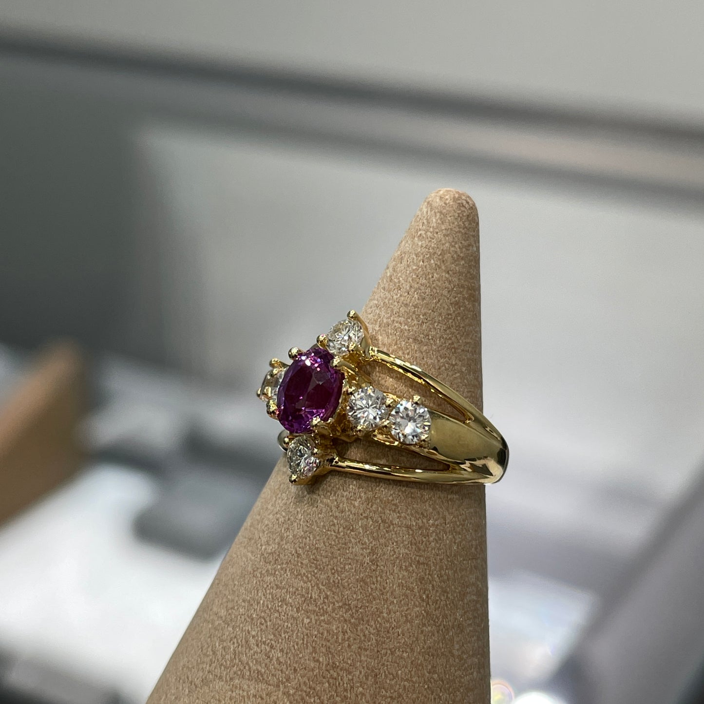 Lab purple sapphire oval 0.6ct with diamond round 0.45ct cross three row diamond pinky ring
