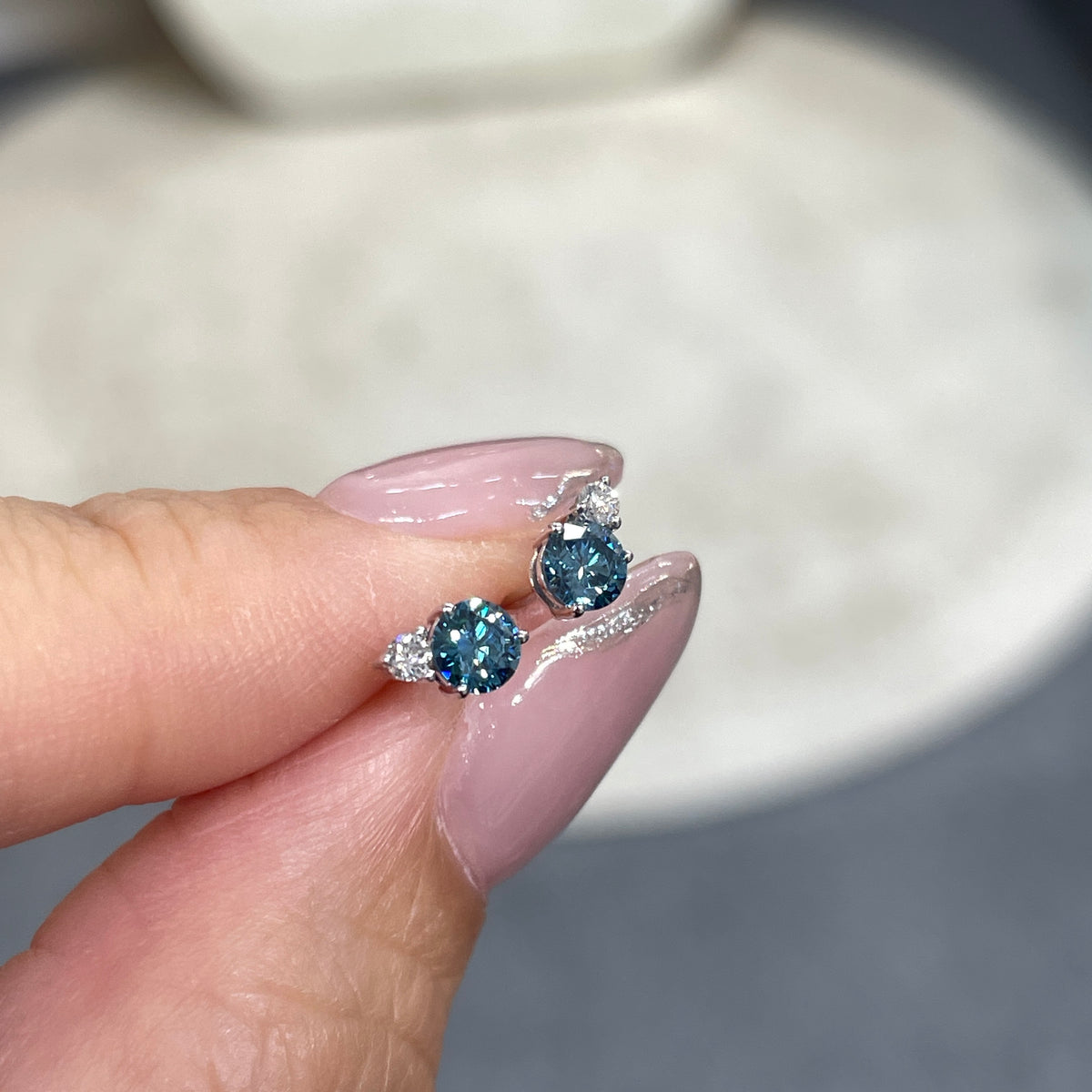 Lab blue diamond round 0.42ct toi et moi stud earrings - pair